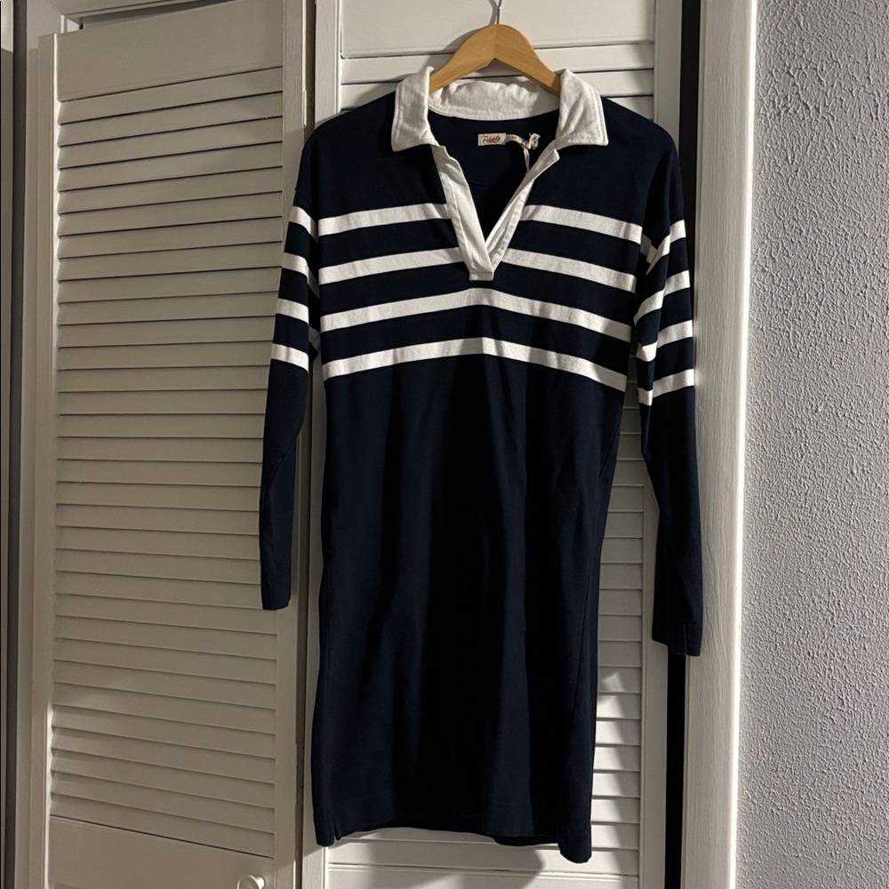 Faherty Navy and White Long Sleeve Dress